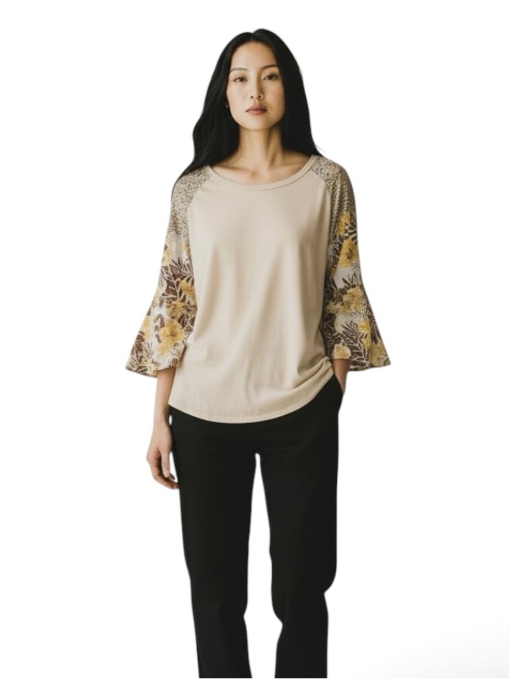 Easel Boho Linen Blend Cream Raglan Floral Ruffle Sleeve Top Oversized Size Med